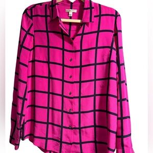 J. Crew Pink And Black Windowpane Pattern Silk Button Front Shirt Size 6